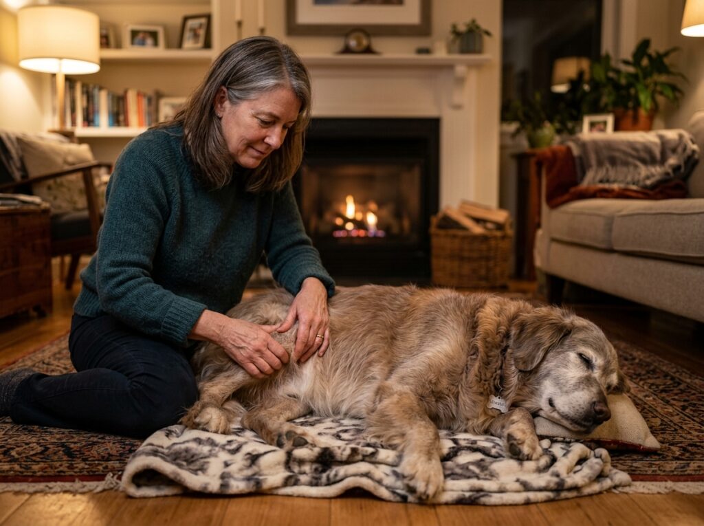 An owner giving a relaxing pet acupressure massage to a senior dog
