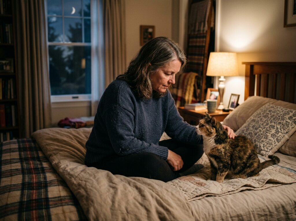 Worried owner looking at an older cat crying at night in a dim bedroom.