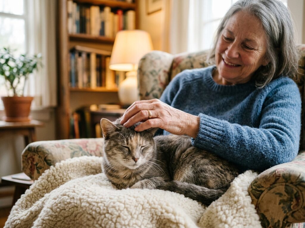 Owner comforting an elderly cat, understanding 'Do Cats Hide to Die' behaviors.