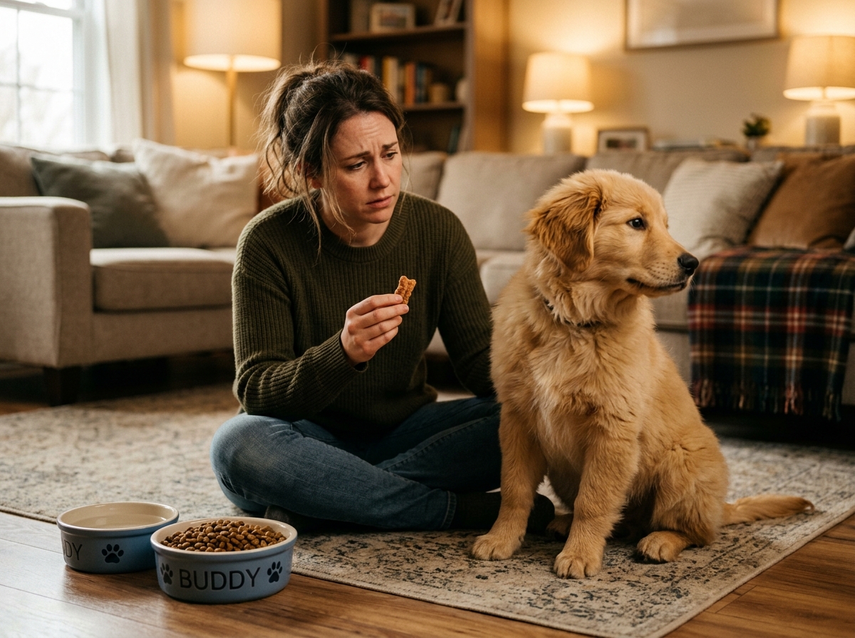 An owner worried about their dog refusing to eat, considering mixing treats with dog food