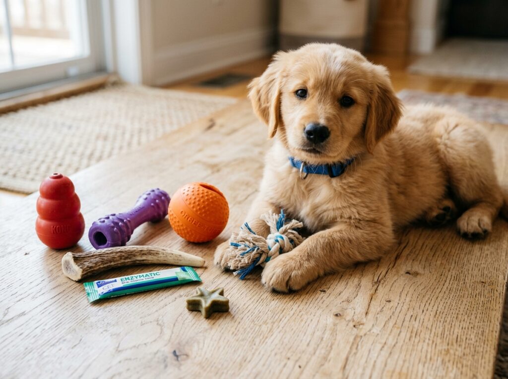 Selection of safe chew toys demonstrating good dog chewing habits