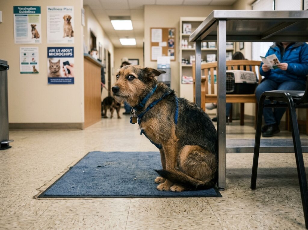 Scared dog tail wagging tucked between legs at the vet clinic