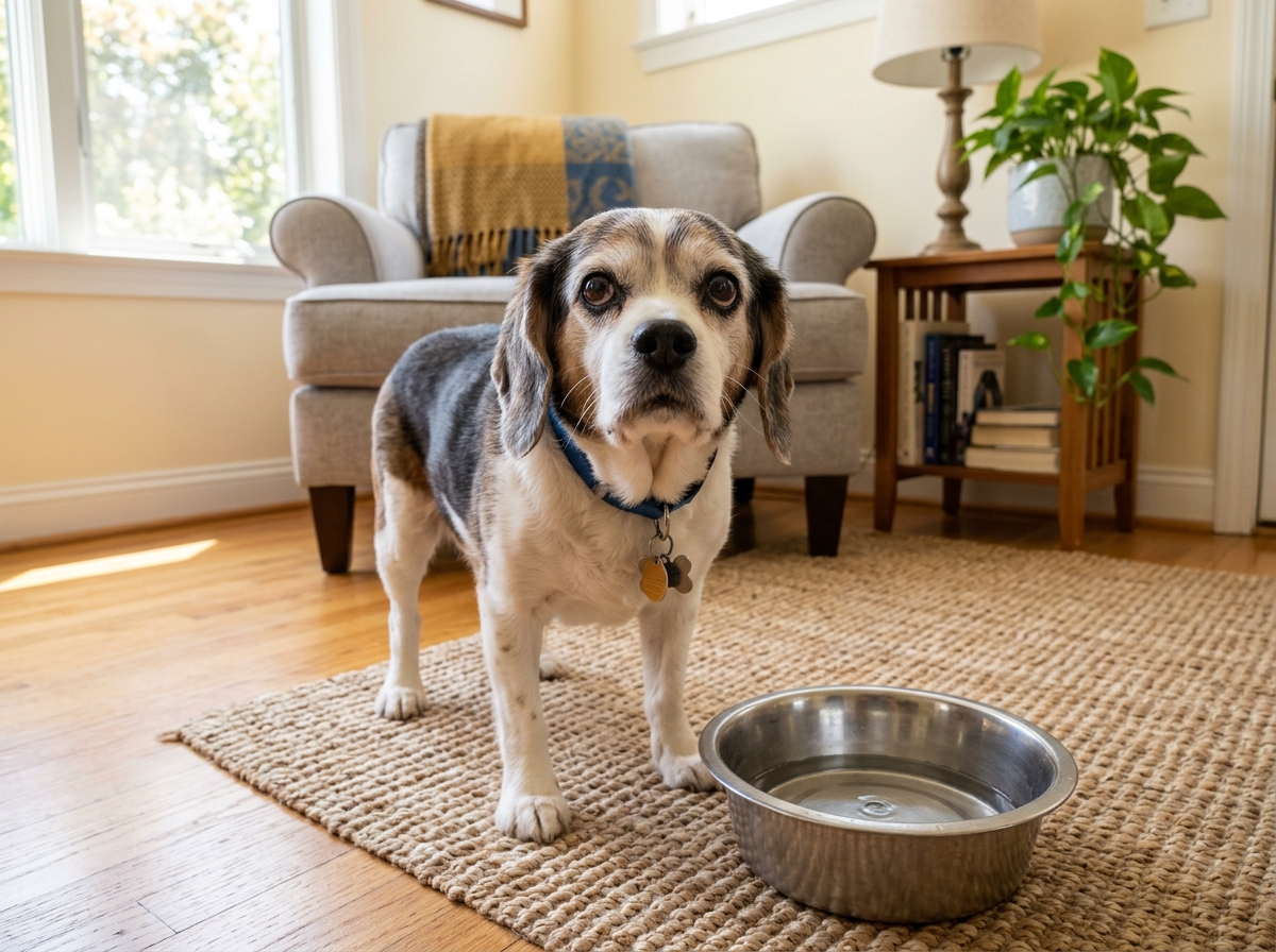 A senior dog drinking a lot of water from a stainless steel bowl