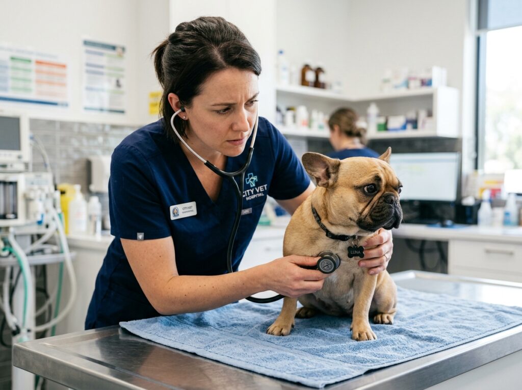 A veterinarian checking a dog's breathing to find out why do dogs sigh with wheezing