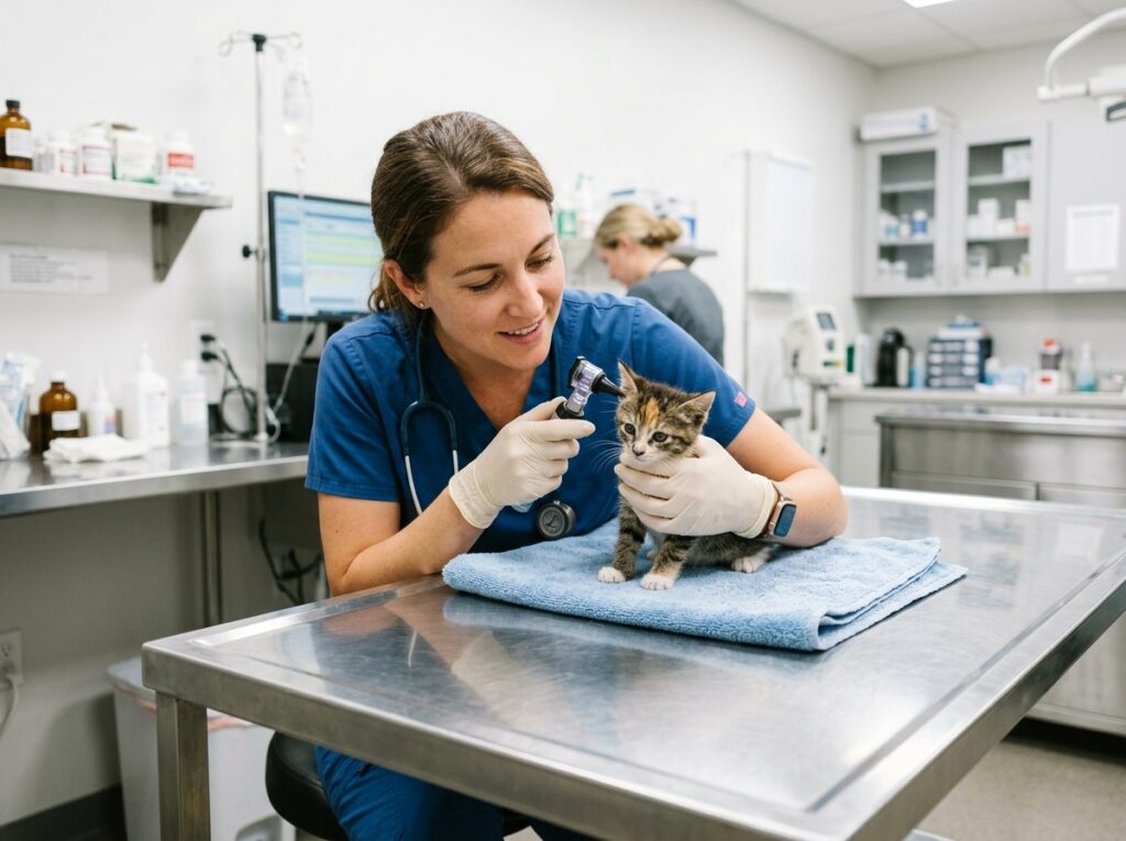Veterinarian performing a health checkup after adopting a stray cat