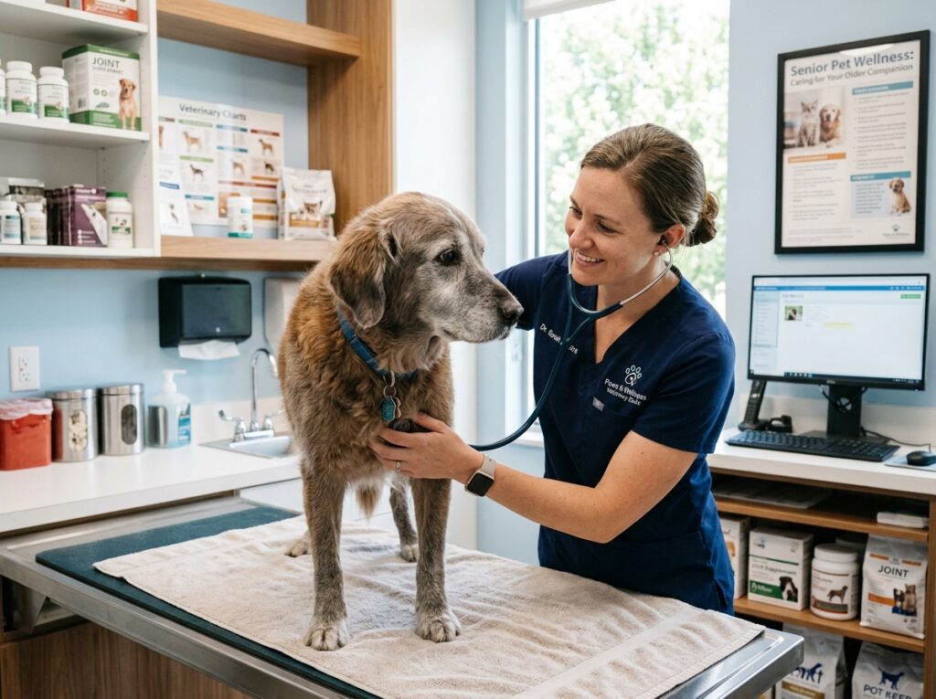 Veterinarian diagnosing a senior dog to check if dog twitching in sleep is normal
