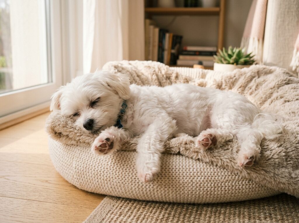 A white Maltese dog twitching in sleep on a cozy bed