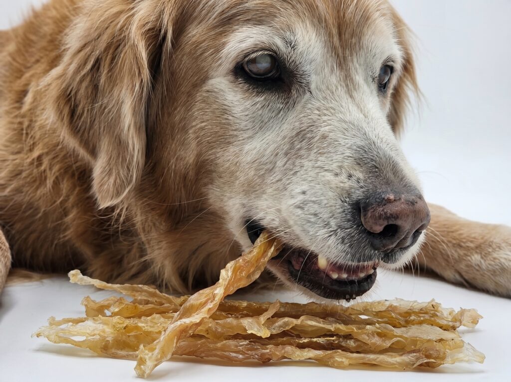 A senior dog comfortably chewing on turkey tendon for dogs
