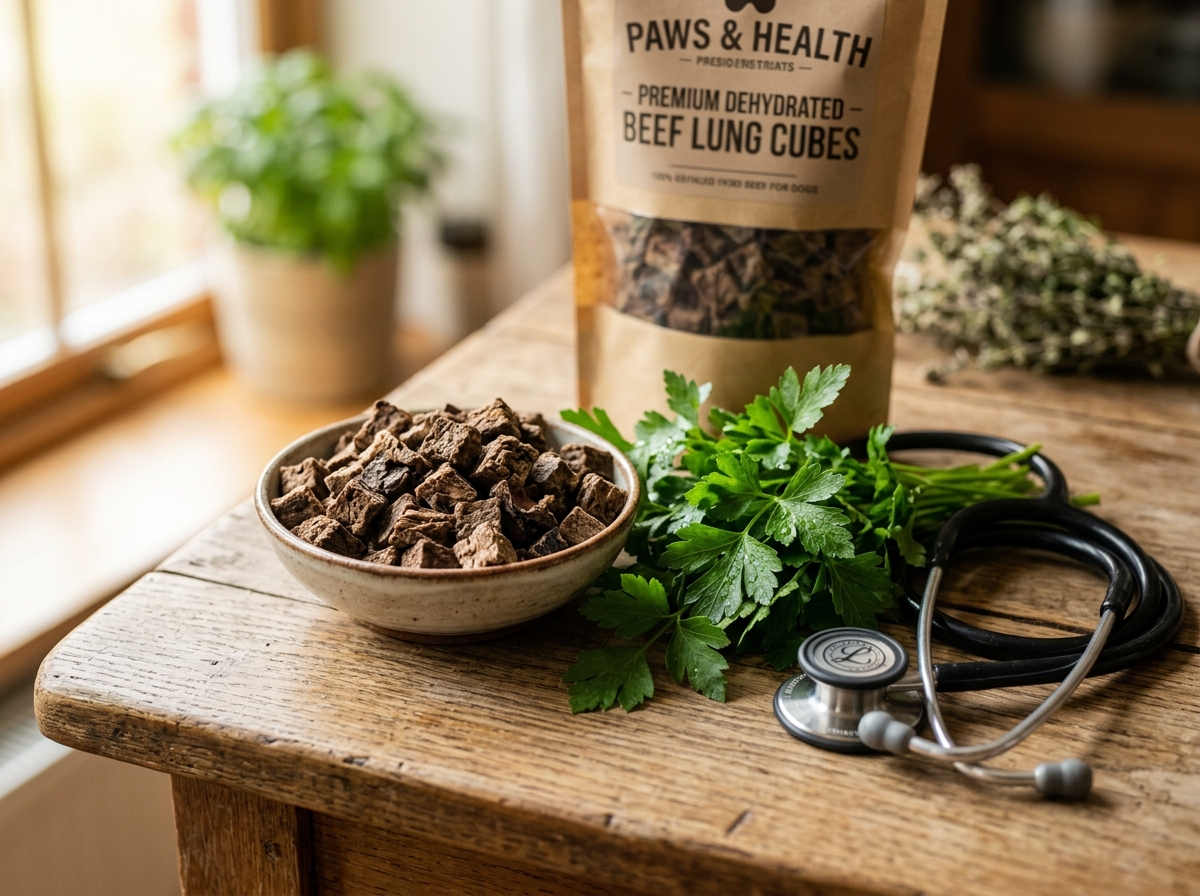 Dehydrated beef lung treats on a wooden table highlighting their natural texture