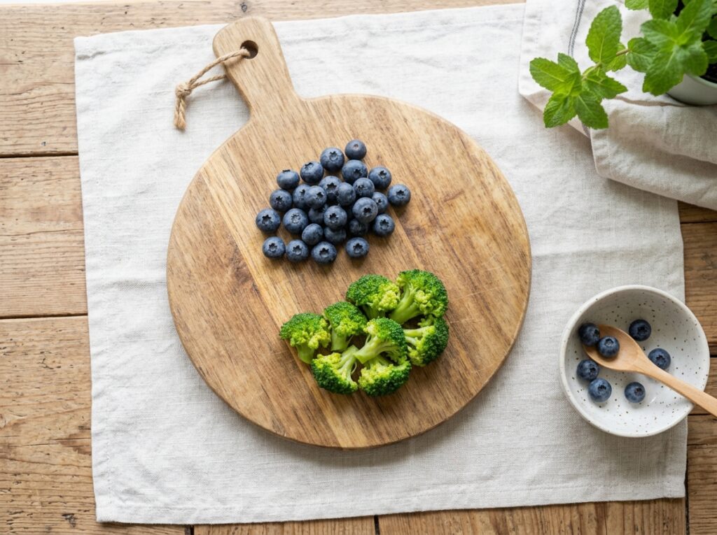 Fresh blueberries and steamed broccoli as safe, natural sources of Vitamin C for dogs and cats