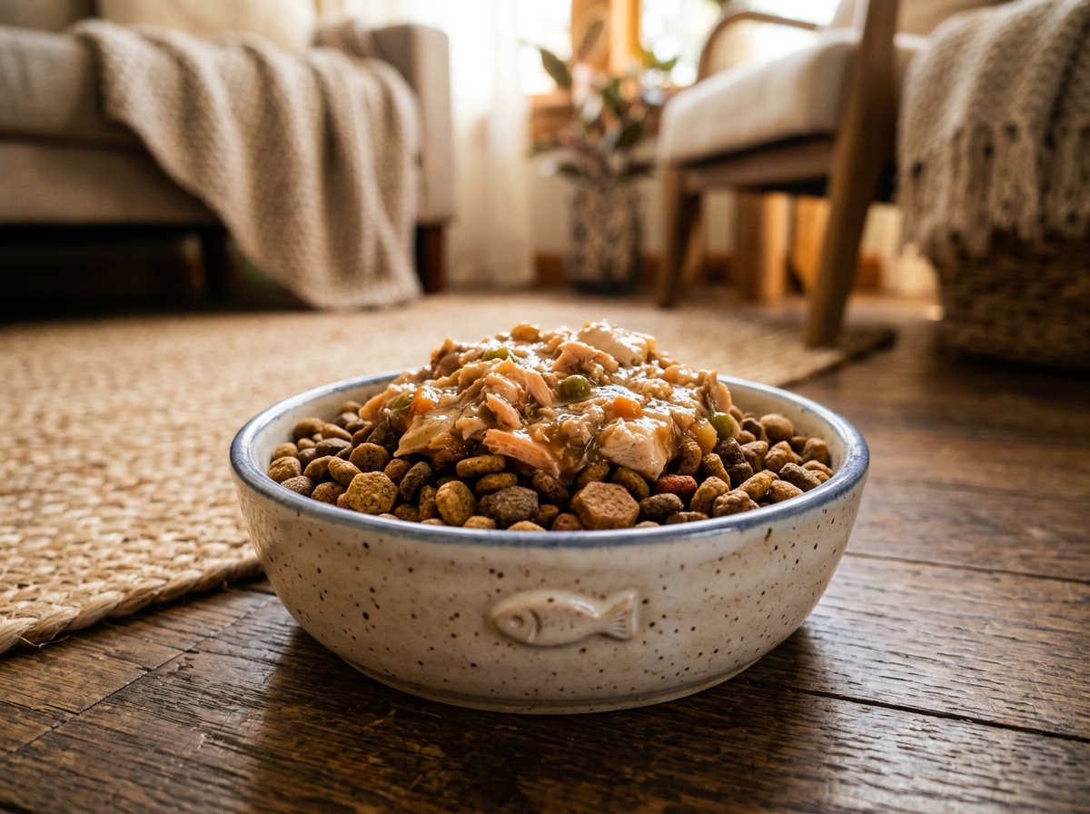 A ceramic bowl showing the ideal balance of mixing dry and wet cat food for optimal feline hydration