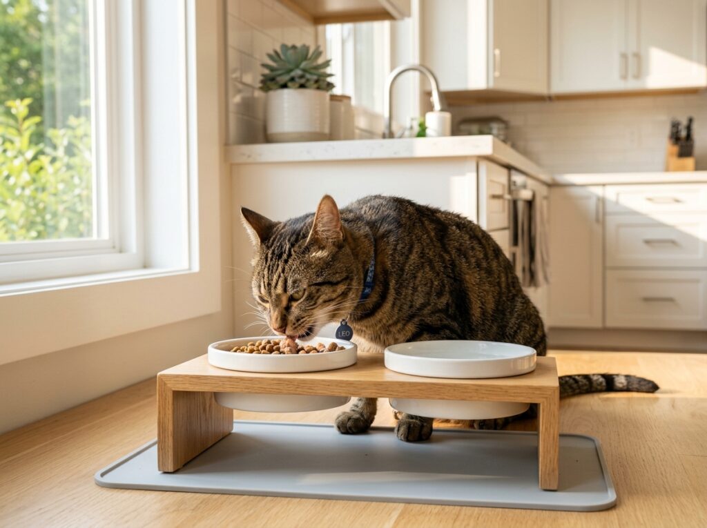 A healthy domestic cat enjoying a portion controlled meal of mixing dry and wet cat food