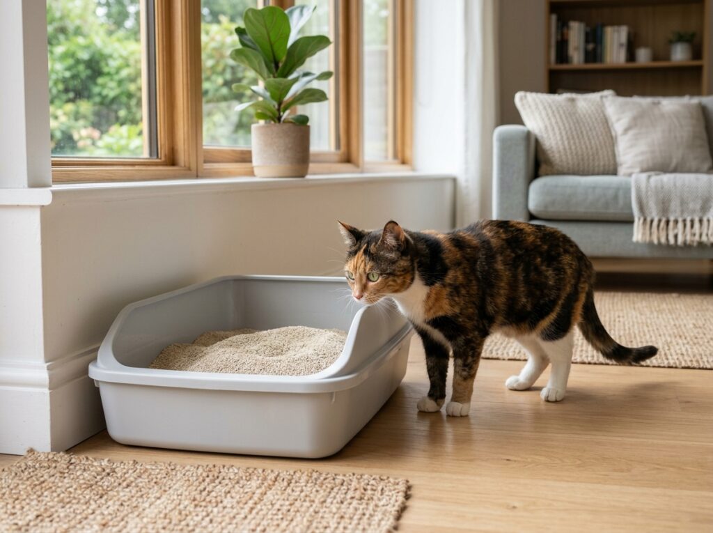  A cat inspecting an open box filled with the best cat litter to ensure a stress-free environment.