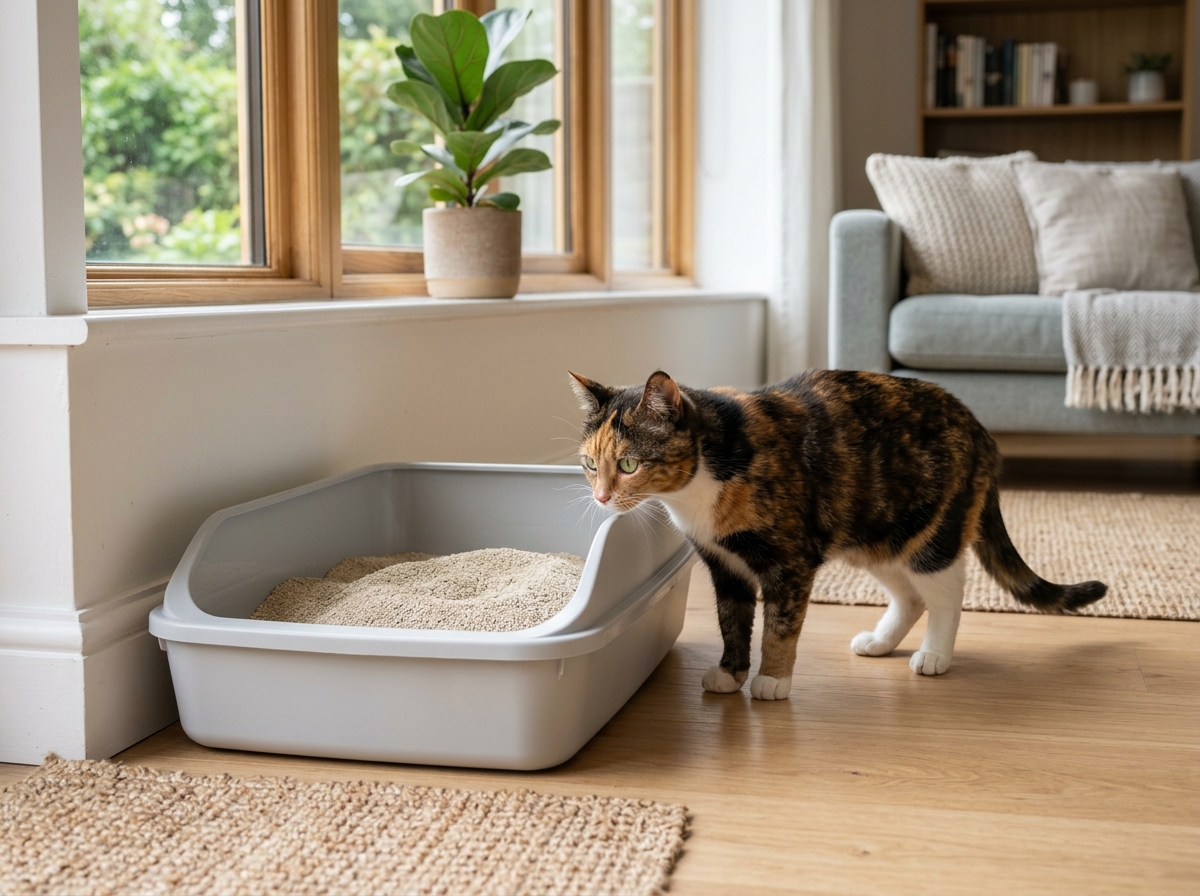 A cat inspecting an open box filled with the best cat litter to ensure a stress-free environment.