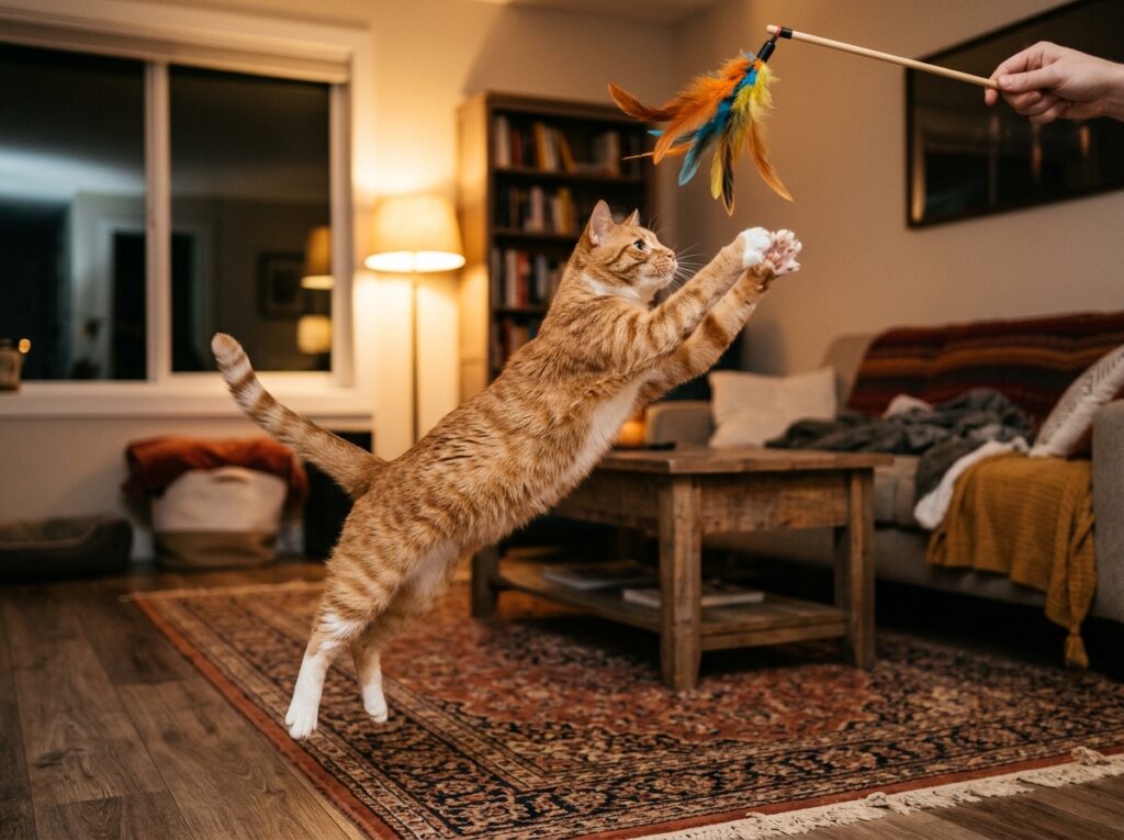 Active domestic cat jumping to catch a feather wand toy during pre-bedtime predatory play session