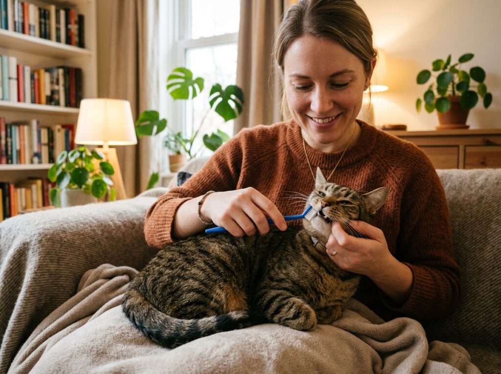 Proper 45-degree angle technique to avoid cat gums bleeding when brushing