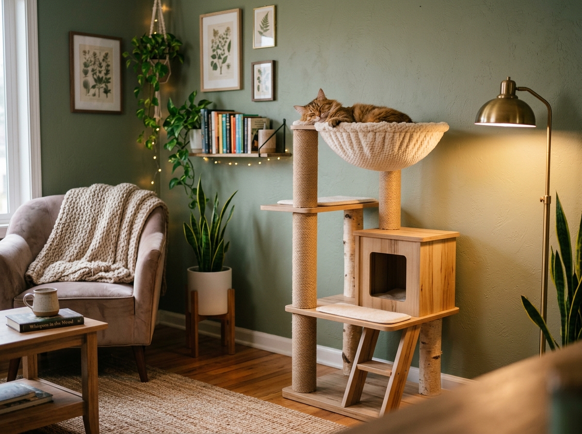 A peaceful cat sleeping on a well-positioned tower, demonstrating ideal cat tree placement away from stressful windows