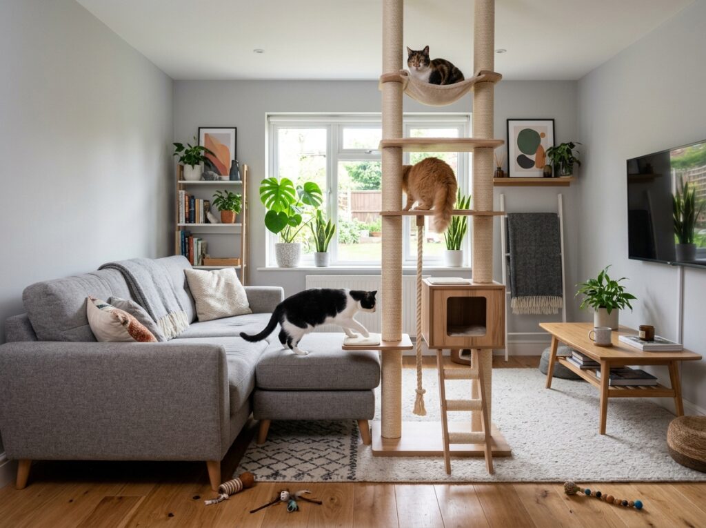 Proper cat tree placement in a multi-cat household, connecting vertical spaces with a sofa for safe escape routes