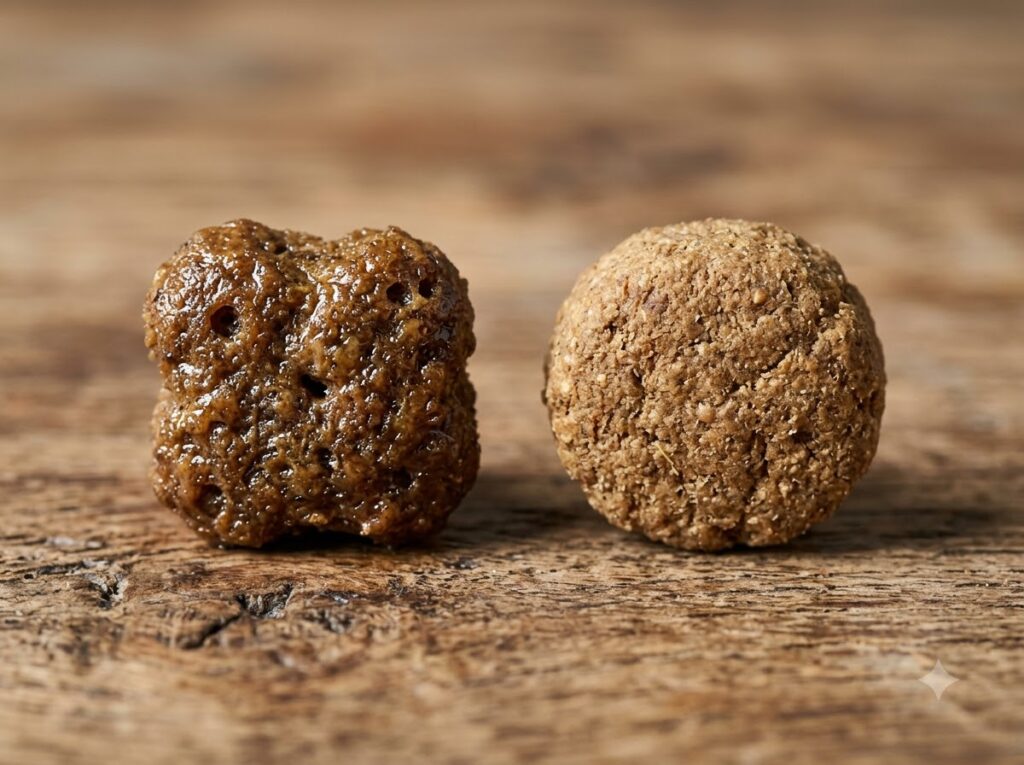 Close up comparison between shiny extruded dog kibble and matte oven baked dog kibble.