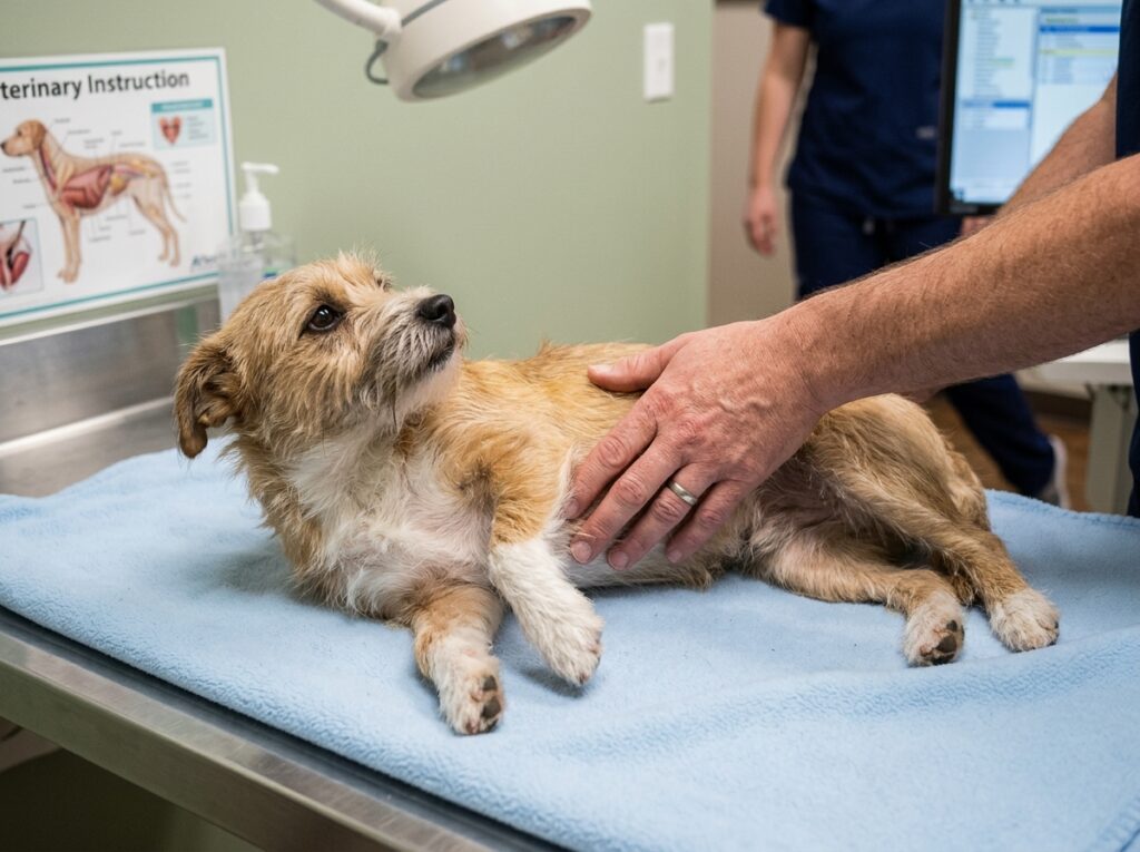 A pet owner gently checking their dog's belly for signs of pain related to the dog praying position