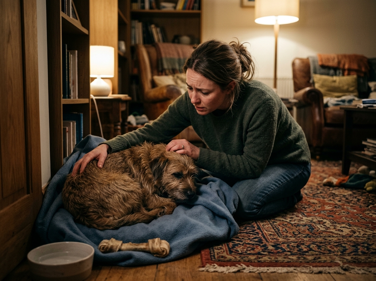 A sick dog resting indoors suffering from acute dog pancreatitis symptoms