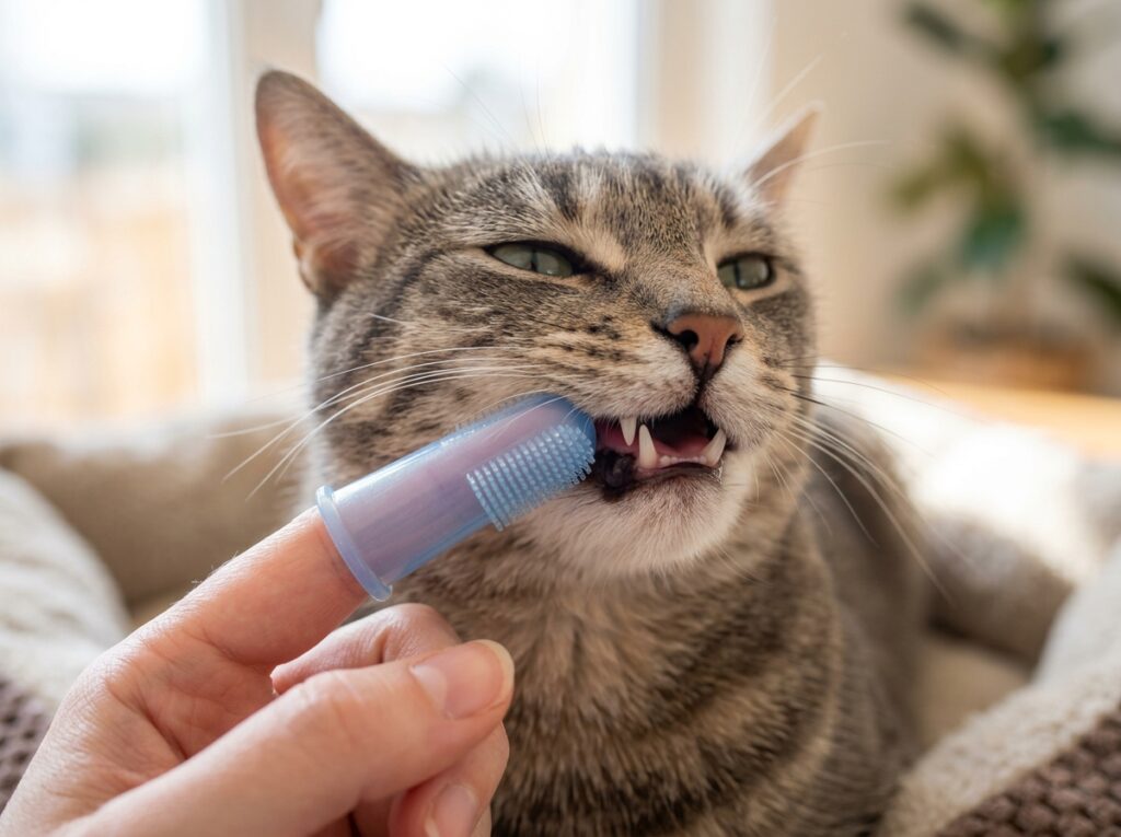 Using a soft silicone finger brush to prevent cat gums bleeding when brushing
