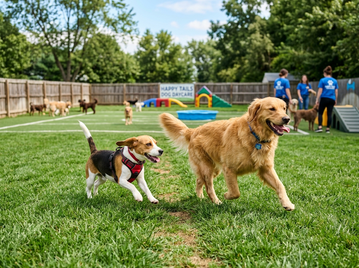 Happy dogs playing together representing the benefits of dog daycare vs staying home