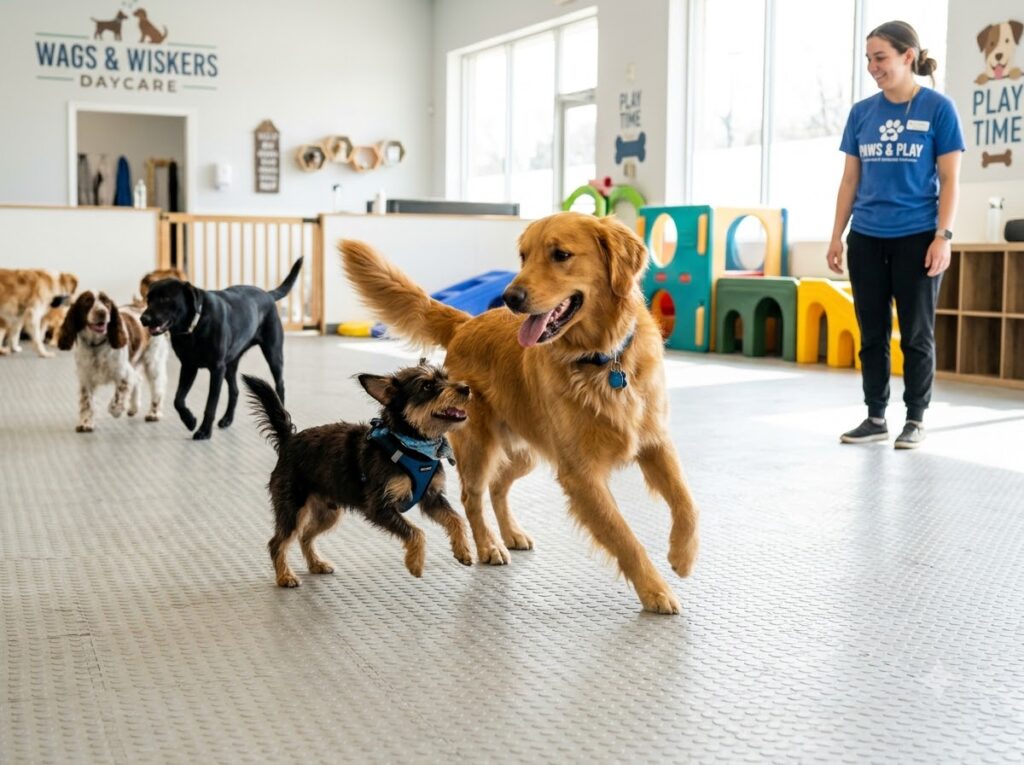 Energetic dogs playing safely in a bright indoor daycare facility.