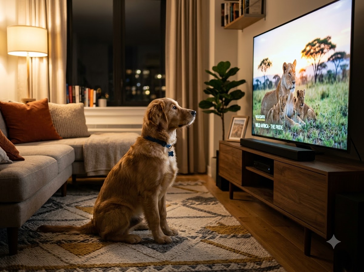 A Golden Retriever showing how dogs see TV while watching a modern screen in a living room