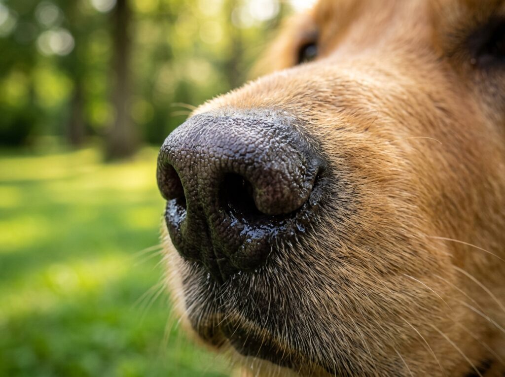A close-up view showing why dogs have wet noses and their healthy texture