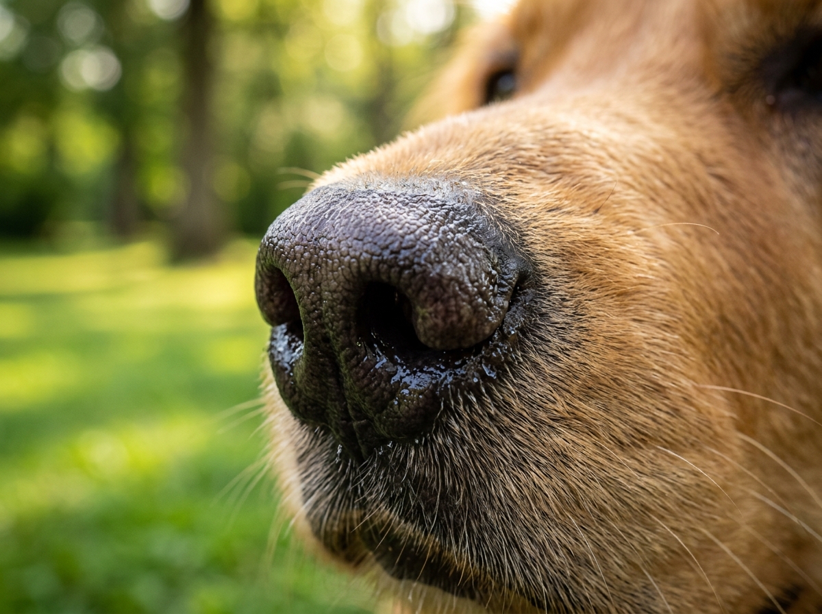 A close-up view showing why dogs have wet noses and their healthy texture