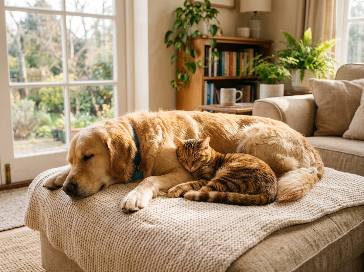 A healthy dog and cat resting indoors, representing the natural synthesis of Vitamin C for dogs and cats