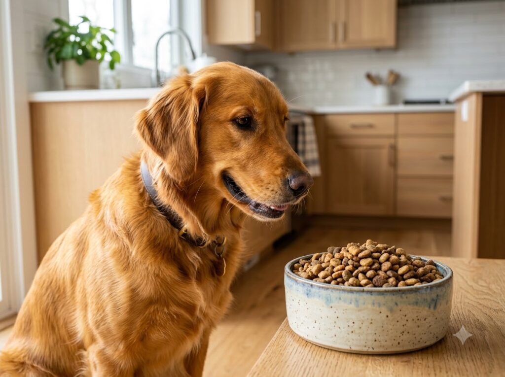 A healthy senior dog waiting to eat a bowl of oven-baked dog food in a sunny kitchen.