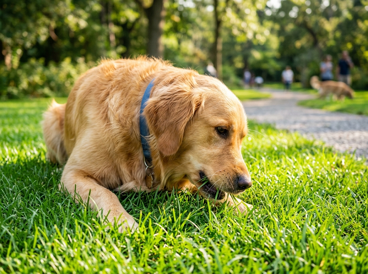 A healthy golden retriever dog eating grass in a sunny park
