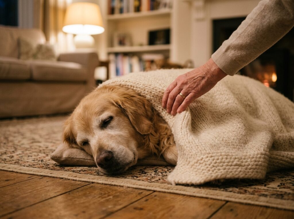 Signs a dog is dying resting peacefully under a warm blanket with caregiver supervision