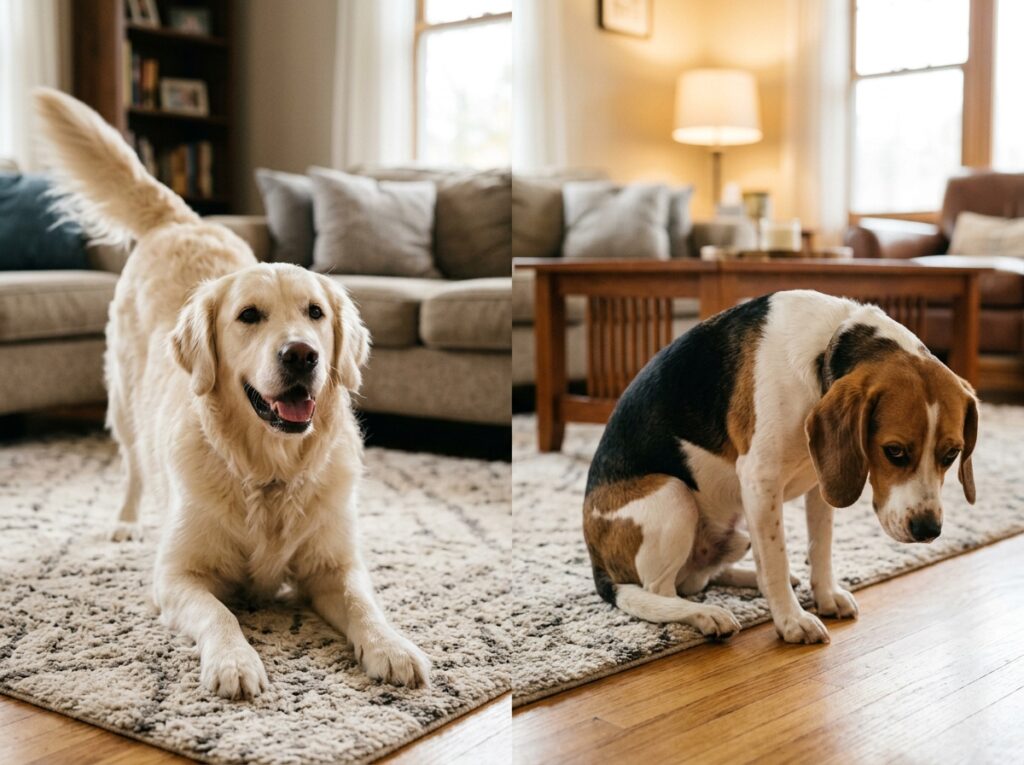 A side-by-side comparison of a happy dog play bow and a sick dog praying position due to abdominal pain