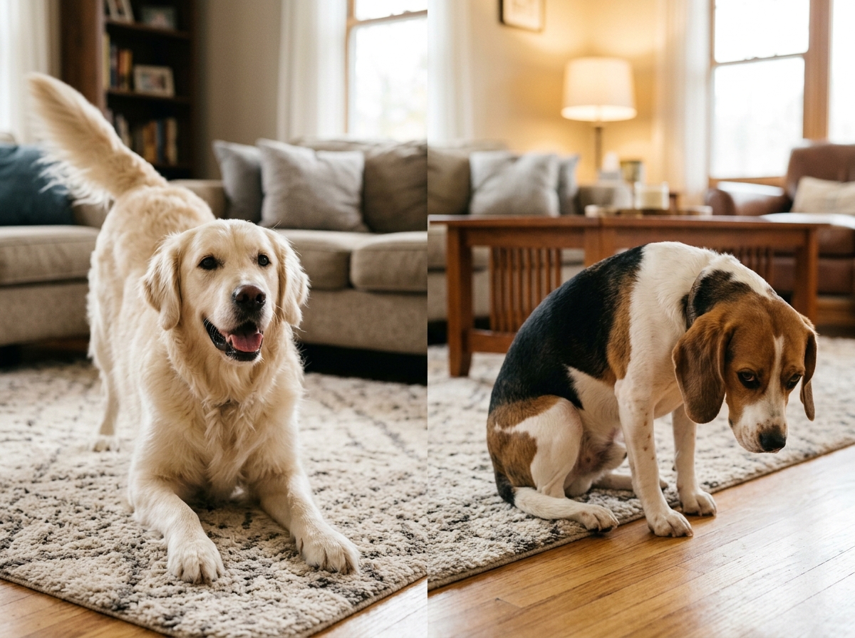A side-by-side comparison of a happy dog play bow and a sick dog praying position due to abdominal pain