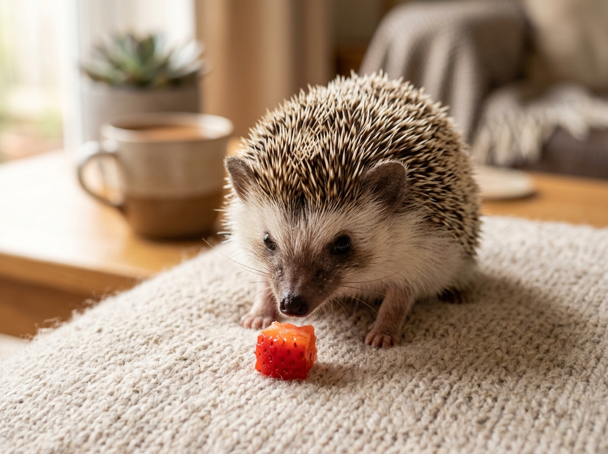 A curious pet hedgehog sniffing a new treat before hedgehog anting