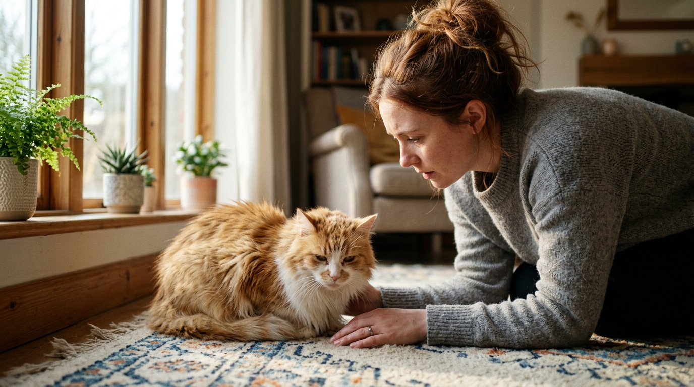 Concerned owner observing cat gagging and vomiting symptoms in a cozy living room
