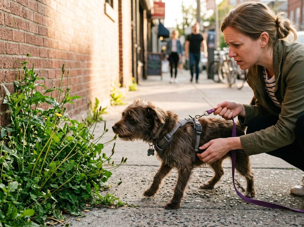 Owner preventing their dog from eating potentially unsafe grass on a sidewalk