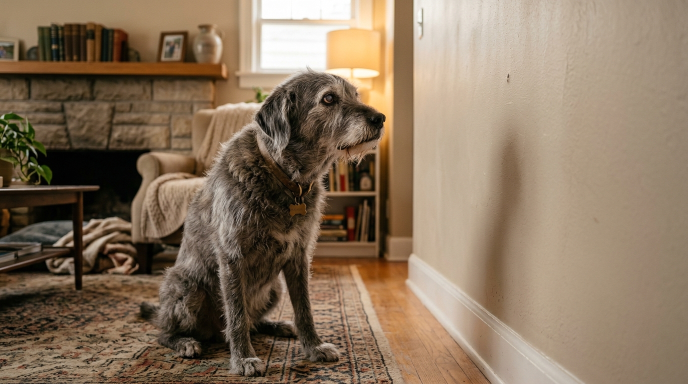 Senior dog staring at a wall showing early signs of dog dementia