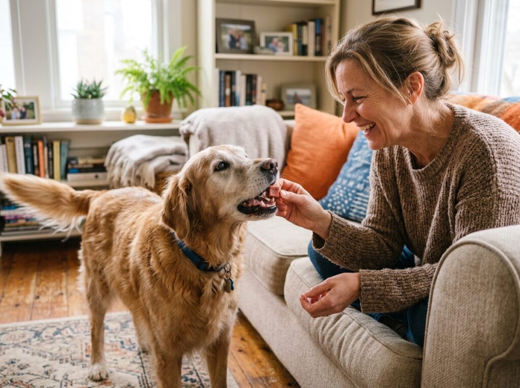 A senior dog happily eating healthy beef lung for dogs from its owner