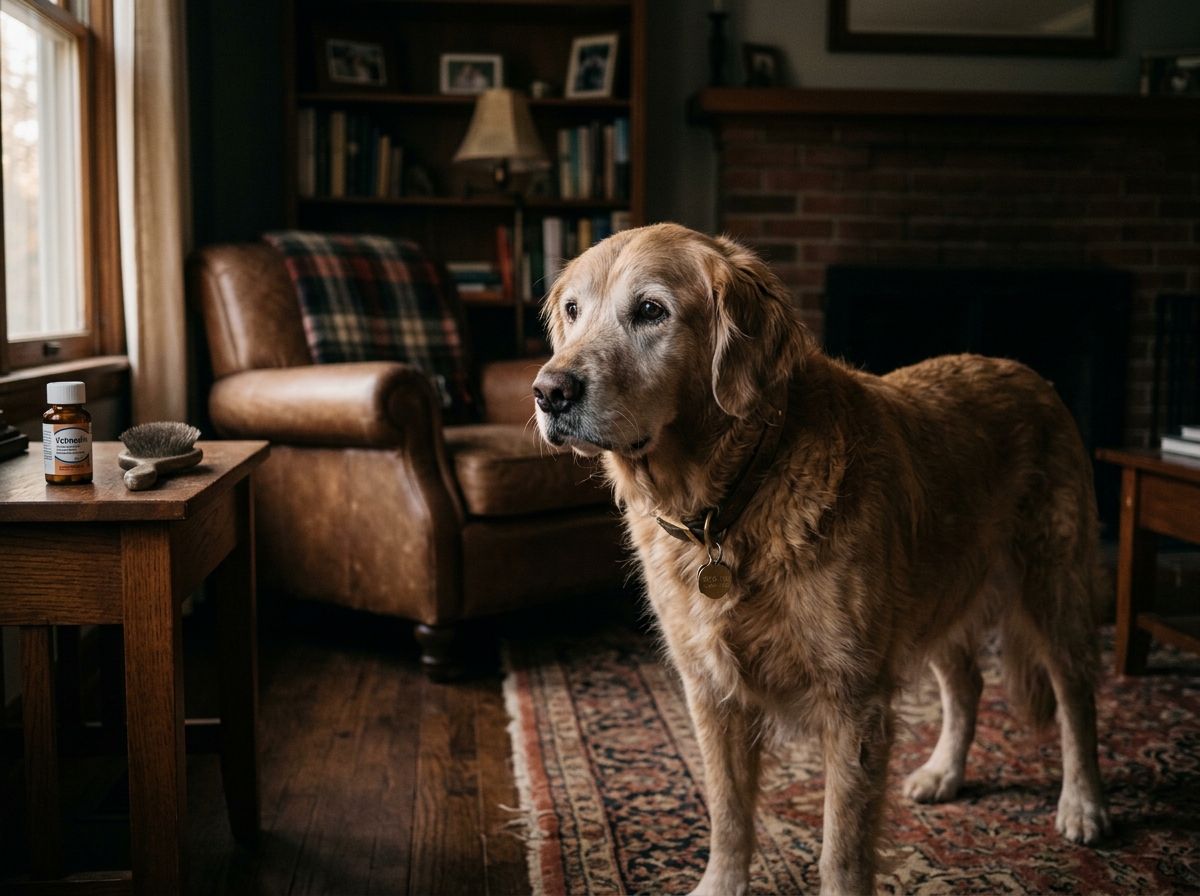 A senior dog showing early signs of dog dementia standing in a living room]