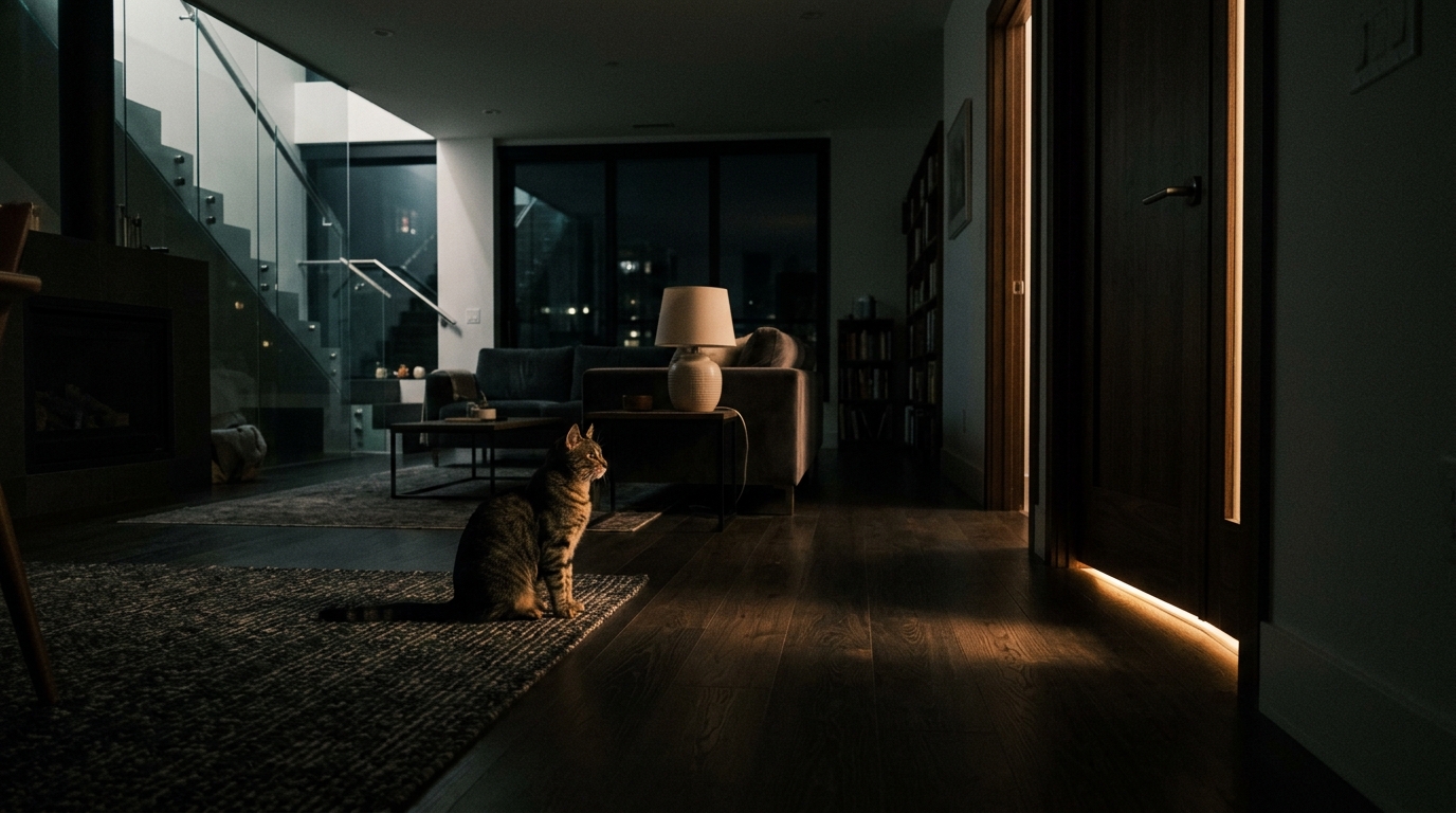 Tabby cat crying at night outside a closed bedroom door seeking attention from its owner