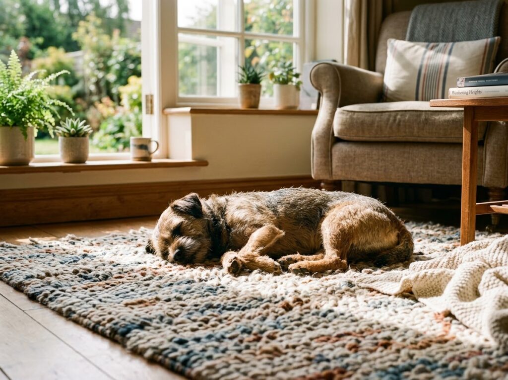 A small dog sleeping peacefully on a living room rug at home.