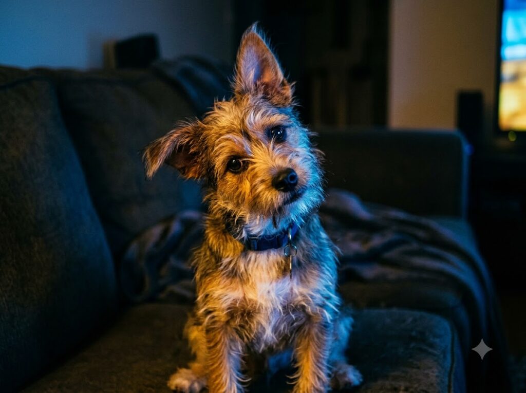 A terrier tilting its head while experiencing how dogs see TV and hear high-frequency sounds