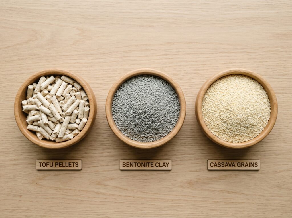 A side-by-side visual comparison of tofu, bentonite, and cassava to help owners choose the ideal cat litter.