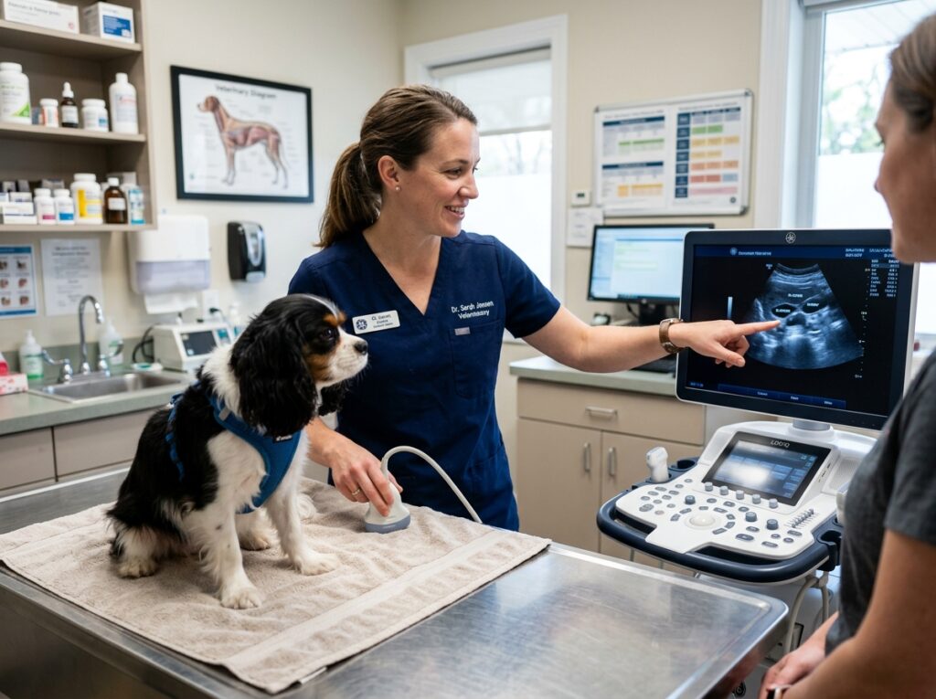 Veterinarian diagnosing canine pancreatitis using an ultrasound machine