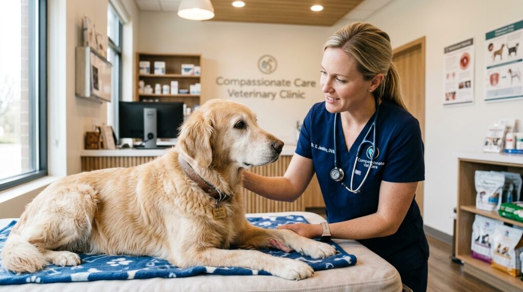 Veterinarian examining a senior dog for canine cognitive dysfunction syndrome